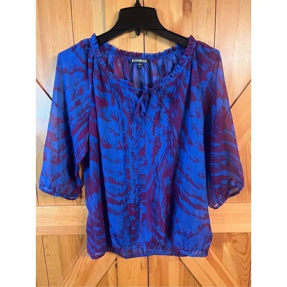 Express Purple Blue Printed Cocktail Evening Career Blouse Top SZ large (1962)
